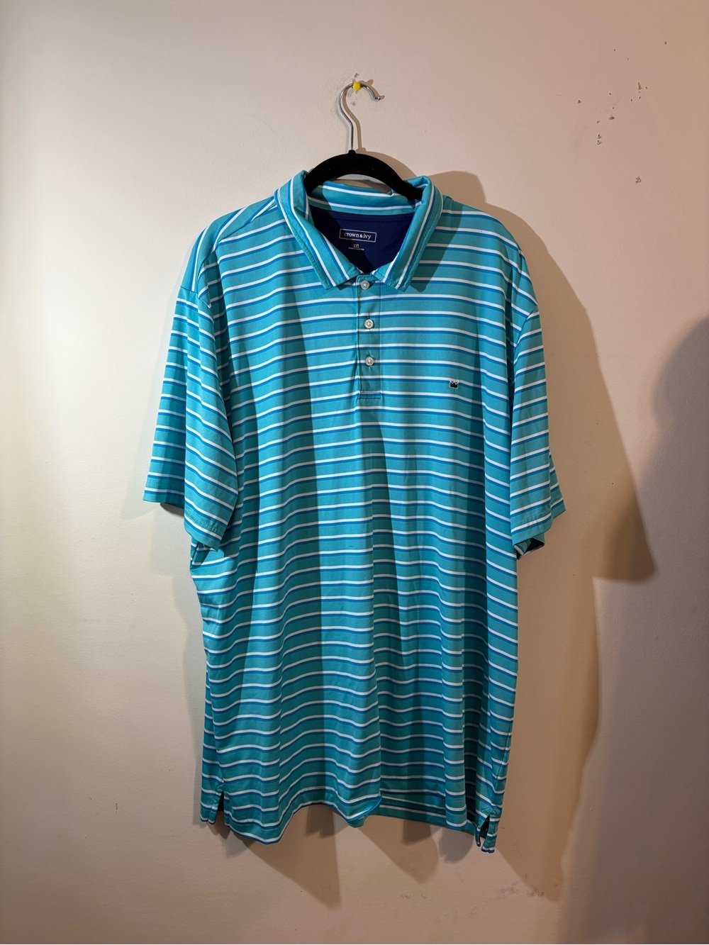 Crown & Ivy performance polo shirt men’s XXL green blue white stripes logo